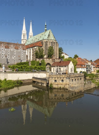 View of the Lusatian Neisse river and Peterskirche - St. Peter and Paul church, Görlitz, Goerlitz, Germany