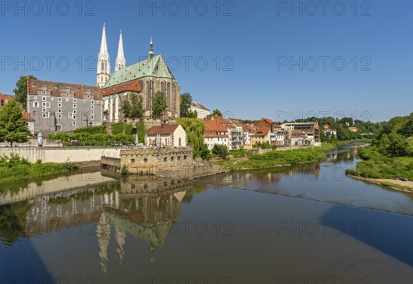 View of the Lusatian Neisse river and Peterskirche - St. Peter and Paul church, Görlitz, Goerlitz, Germany