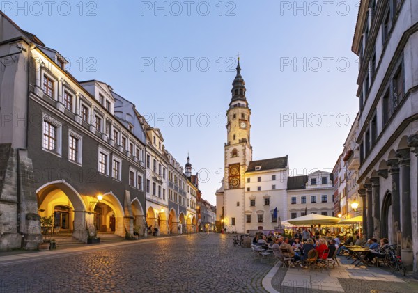 View of Untermarkt - Lower Market Square and the Old Town Hall Clock Tower, Görlitz, Goerlitz, Germany