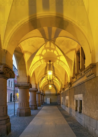 Arcade of New Town Hall of Görlitz at night, Untermarkt, Goerlitz, Germany