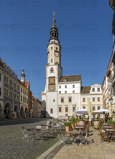 View of Untermarkt - Lower Market Square and the Old Town Hall Clock Tower, Görlitz, Goerlitz, Germany