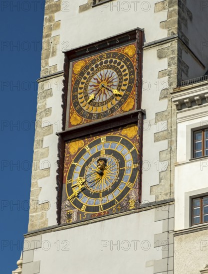 Close-up of two clocks of the Old Town Hall Clock Tower, Görlitz, Goerlitz, Germany