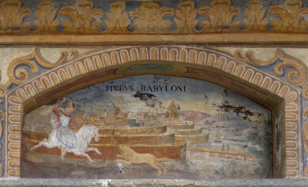 Fresco of the Wonders of the World Walls of Babylon at the Fountain of Wonders, 1508, in the courtyard of Neustift St Margarethen Monastery, Vahrn, district of Bolzano, South Tyrol, Italy