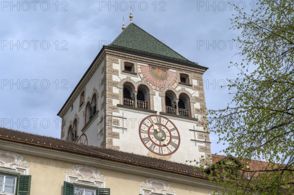 Tower of the monastery library, built between 1770 and 1775 in the Neustift St Margarethen, Vahrn, district of Bozen, South Tyrol, Italy