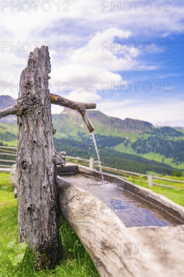 A rustic wooden fountain with running water in a picturesque mountain landscape, Zallinger Alm, Dolomites, Italy