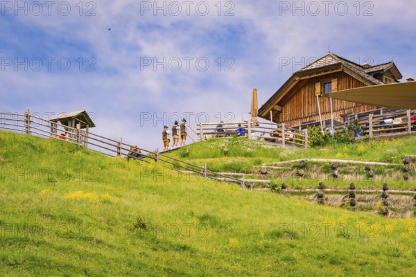 A wooden hut stands on a grassy slope, surrounded by traditional wooden structures, Zallinger Alm, Dolomites, Italy