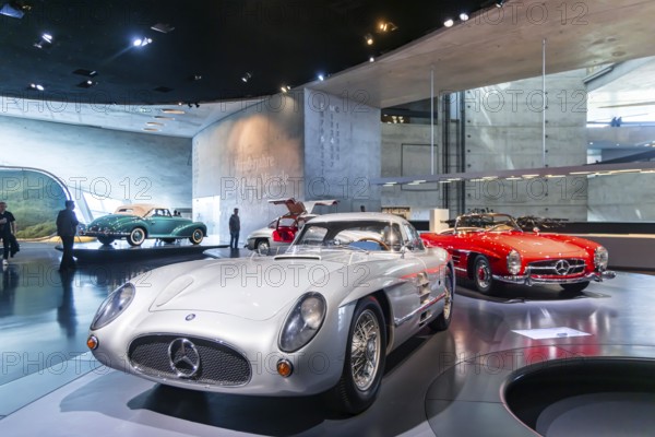 Mercedes-Benz 300 SLR Uhlenhaut Coupé from 1955. Two examples were built, one was auctioned. With proceeds of 135 million euros, it is the most valuable car in the world. The Mercedes-Benz Museum in Stuttgart presents a journey through the automotive history of the global corporation. The history of the Mercedes star begins with the first automobile in 1886. 160 vehicles are on display. Stuttgart, Baden-WÃ¼rttemberg, Germany