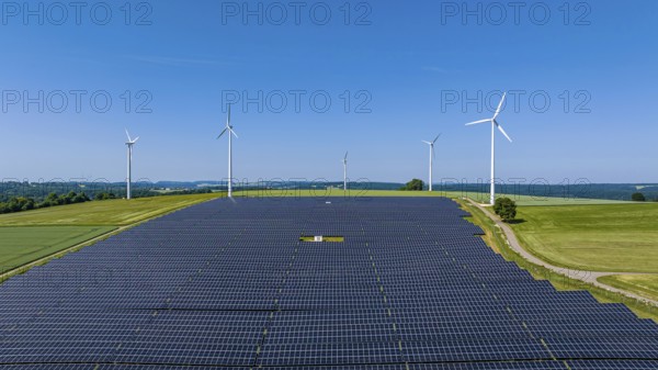 Landscape in the Swabian Alb near Amstetten. Wind farm and solar field. Amstetten, Baden-WÃ¼rttemberg, Germany
