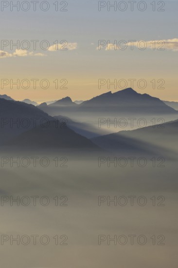 Grazing light in the mountains... Alpine panorama, Alpine peaks and mountain ranges in the Bavarian Alps in late light with low sun, romantic view from Oberstdorf towards Kleinwalsertal, local nature, Bavaria, AllgÃ¤u, AllgÃ¤u Alps, Bavarian Alps, Germany, Western Europe