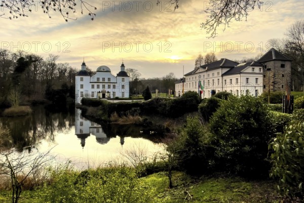 Castle moated castle moated castle hidtoric former summer residence of prince abbesses of Damenstift Schloss Borbeck, Essen, North Rhine-Westphalia, Germany