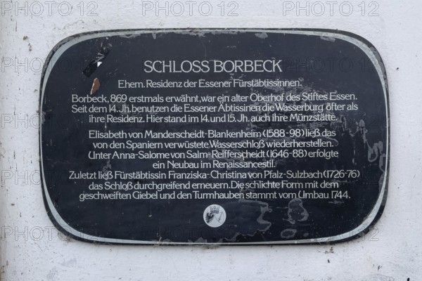 Information board Information board about Borbeck Castle former summer residence of prince abbesses, Essen, North Rhine-Westphalia, Germany