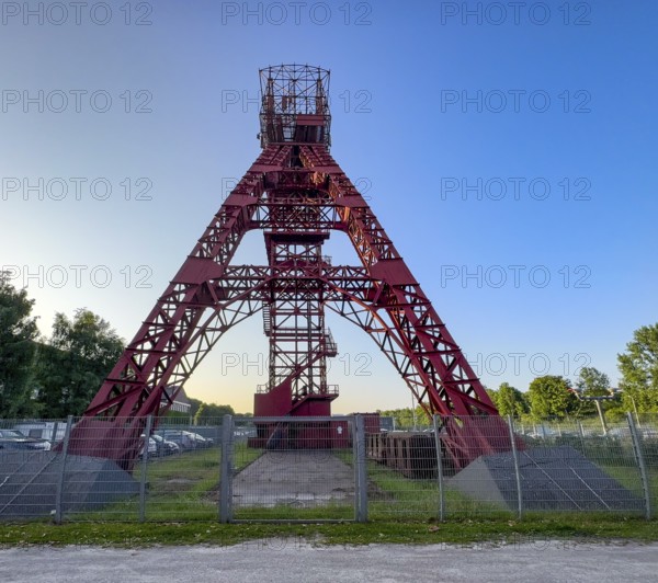 Historic red headframe historic red winding tower of Bonifacius colliery coal mine in today's Kray Nord district, Essen, North Rhine-Westphalia, Germany