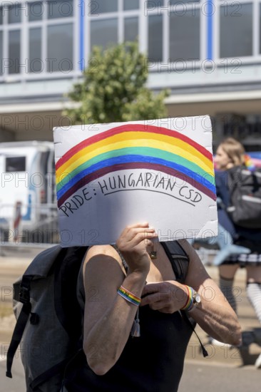 Participant with sign Pride: Hungarian CSD at Christopher Street Day in Leipzig on 28 June 2025. The participant draws attention to the ban on CSD in Budapest, Hungary. Despite the ban, there were around 180, 000-200, 000 participants there at the same time, more than ever in front of