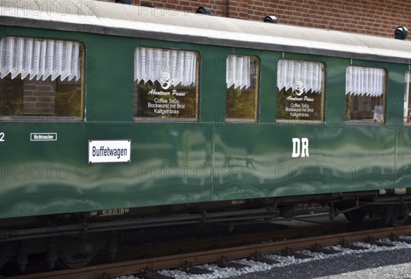 Buffet car, dining car of the Raging Roland on RÃ¼gen, Mecklenburg-Western Pomerania, Germany