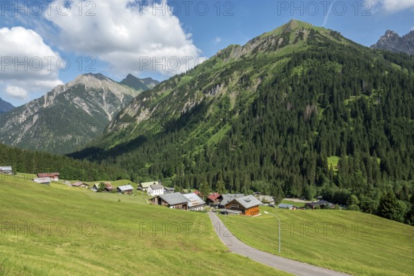 View of Baad, BÃ¤renkopf at the back, Kleinwalsertal, Vorarlberg, AllgÃ¤u Alps, Austria