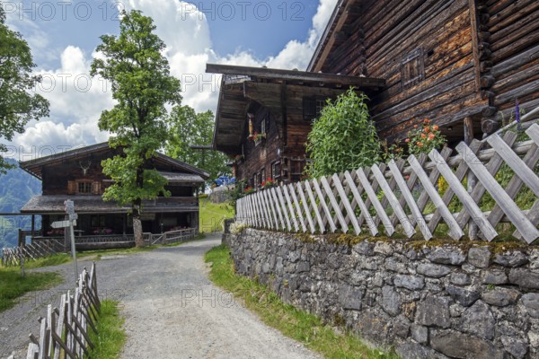Old farmhouses in the historic mountain farming village of Gerstruben, Dietersbachtal, near Oberstdorf, AllgÃ¤u Alps, OberallgÃ¤u, AllgÃ¤u, Bavaria, Germany