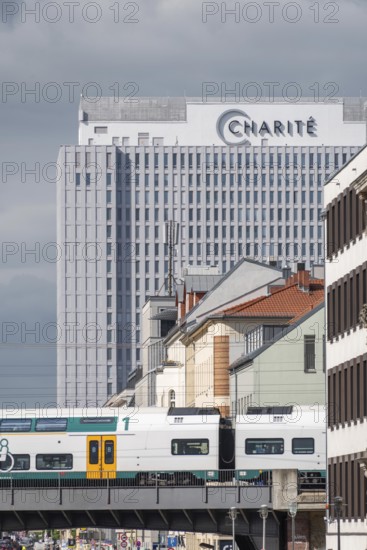 The main building of the renowned Charité University Hospital in Berlin rises strikingly above the cityscape, Berlin, Germany