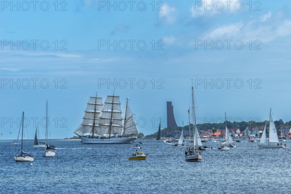Windjammer parade 2025 on the Kiel Fjord at the end of Kiel Week, tall ships, three-master, sail training ship Gorch Fock, spectators, Laboe marina, naval memorial, summer weather, sunshine, forest, Kiel, Schleswig-Holstein, Germany