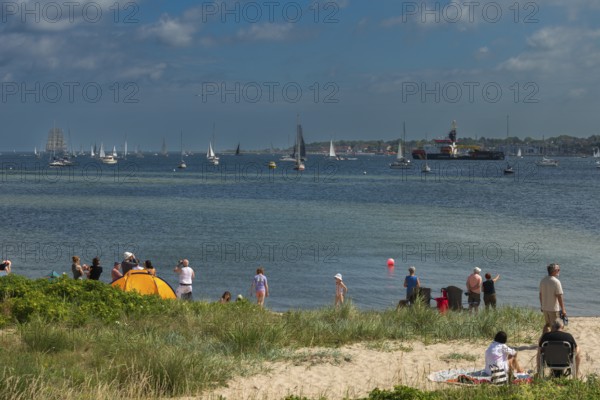 Windjammer parade 2025 on the Kiel Fjord at the end of the Kiel Week, tall ships, three-master, sail training ship Gorch Fock, Arkona coast guard ship, maritime police, Laboe marina, naval memorial, spectators, Falkenstein beach life, lighthouse, summer weather, sunshine, forest, Kiel, Schleswig-Holstein, Germany