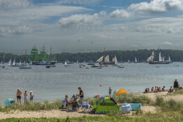 Windjammer Parade 2025 on the Kiel Fjord at the end of Kiel Week, tall ships, three-master Alexander von Humboldt, spectators, Falkensteiner Strandleben, summer weather, sunshine, tent, forest, Kiel, Schleswig-Holstein, Germany
