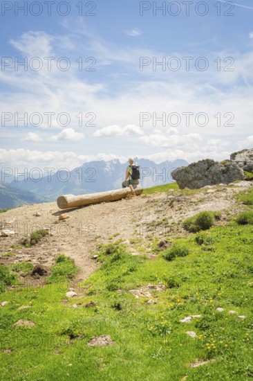 A hiker sits on a tree trunk with a wide view over the mountain landscape, Schlehrn hike, Alpe di Siusi, Dolomites, South Tyrol, Italy