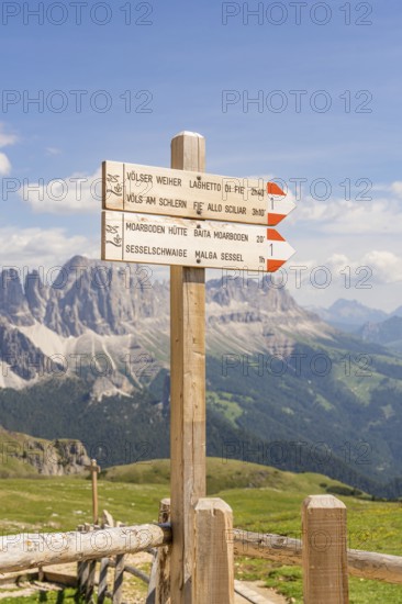 A wooden signpost points the way, the majestic mountains in the background, hike to the Schlehrn, Seiser Alm, Dolomites, South Tyrol, Italy