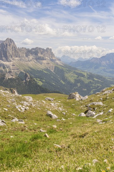Green hills and mountains under a blue sky with soft clouds, hike to the Schlehrn, Alpe di Siusi, Dolomites, South Tyrol, Italy