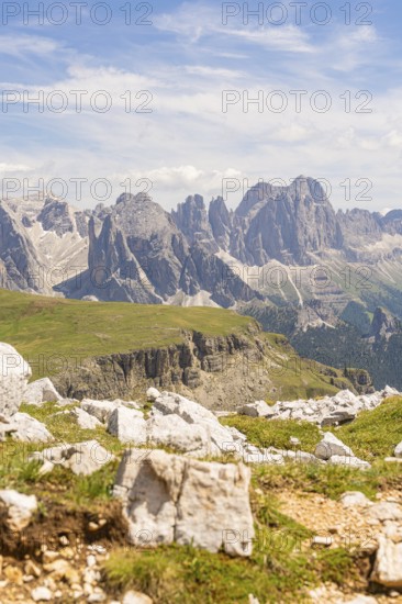 Majestic mountain landscape of the Dolomites under a blue sky, hike to the Schlehrn, Alpe di Siusi, Dolomites, South Tyrol, Italy