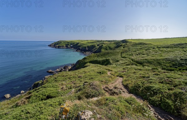 The South-West Coast Path in south-west England, a long-distance footpath in the countryside near the southern tip of Cornwall on the English Channel. Cadgwith, Cornwall, South-West England, Great Britain