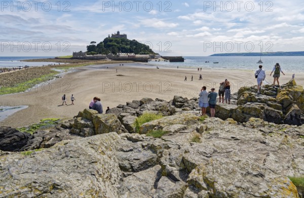 Tourists at Saint Michael's Mount off the English coast in the English Channel. Marazion, Cornwall, South West England, Great Britain