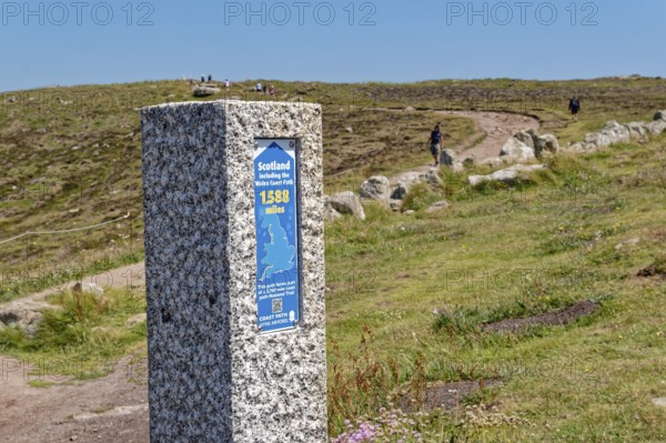 Coastal footpath, a long-distance footpath from the south of England to Scotland, at Lands End. Land's End, the tip of the headland in the west of Cornwall, is the most westerly point in England. Land's End, Sennen, Penzance, Cornwall, South West England, Great Britain