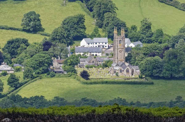 The village of Widecombe-in-the-Moor with St Pancras' Church in Dartmoor National Park. Bovey Tracey, Devon, South England, Great Britain