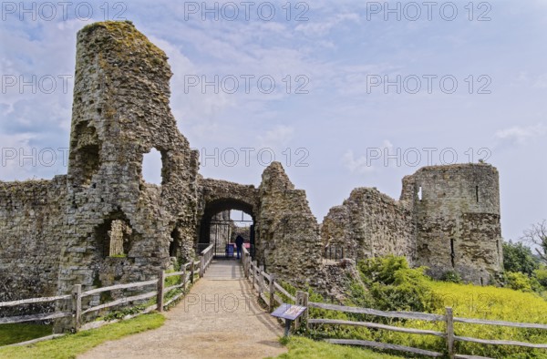 Entrance to Pevensey Castle, a Norman castle, in the village of Pevensey, Sussex, England, United Kingdom