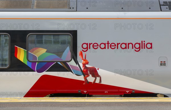 Greater Anglia hare livery design on passenger train, Ipswich railway station, Suffolk, England, UK