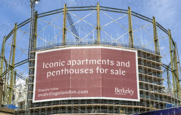 Construction project new apartments The Halo development inside Victorian gasometer, Oval Village by Berkeley, Vauxhall, Lambeth, London, England, UK