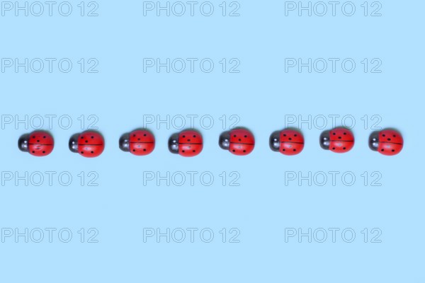 Row of small wooden ladybug ornaments on blue background