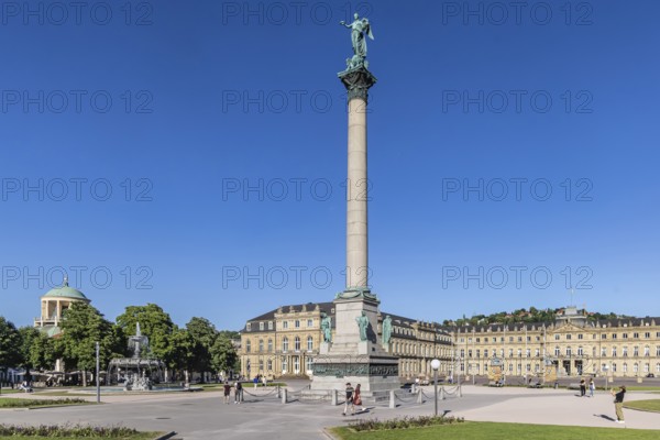 Schlossplatz Stuttgart with New Palace, Victory Column with the Roman goddess Concordia. Stuttgart, Baden-WÃ¼rttemberg, Germany