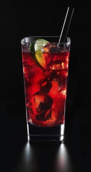 Cocktail in a long drink glass on ice with a slice of lime and as a garnish in front of a black background, studio shot