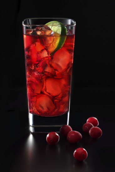 Cocktail in a long drink glass on ice with a slice of lime and cranberries as garnish against a black background, studio shot