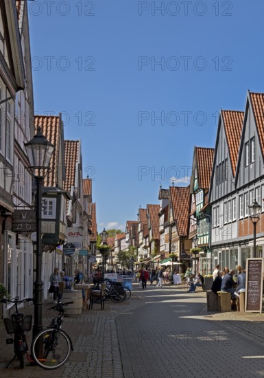 Lively pedestrian zone in the old town with many half-timbered houses, Celle, Lower Saxony, Germany