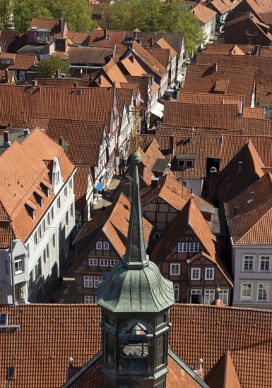 View from the town church tower over the roofs of the historic old town with its four hundred half-timbered houses, Celle, Lower Saxony, Germany