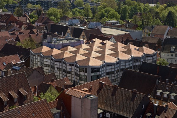 View of the roof of the Karstadt shop designed by Walter Brune and closed in 2023, Celle, Lower Saxony, Germany