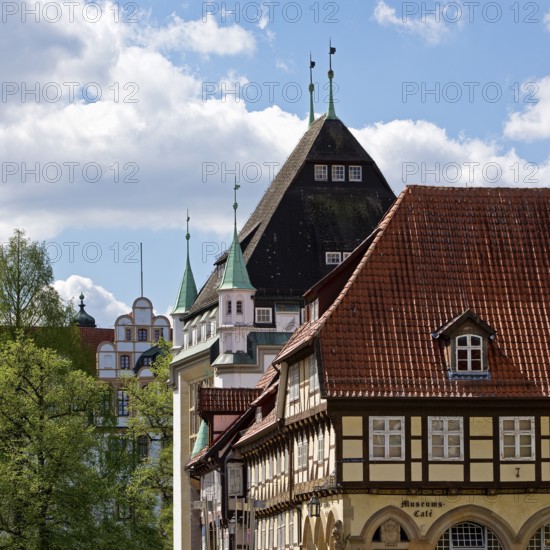 Celle Castle, Bomann Museum and half-timbered house with museum café in the old town, Celle, Lower Saxony, Germany