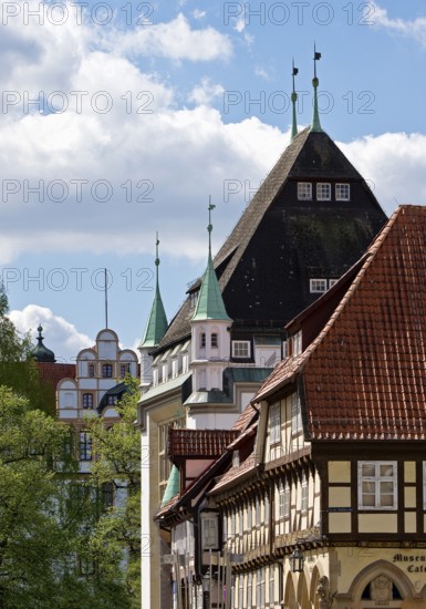 Celle Castle, Bomann Museum and half-timbered house with museum café in the old town, Celle, Lower Saxony, Germany