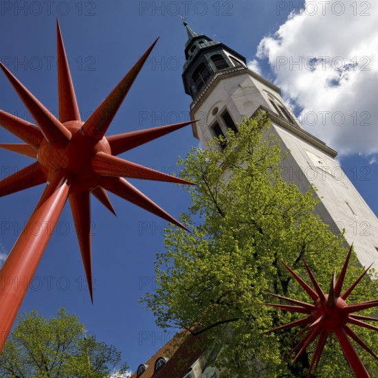 Artwork by Otto Piene entitled Fireworks for Celle in front of the tower of the town church in the historic city centre, Lower Saxony, Germany