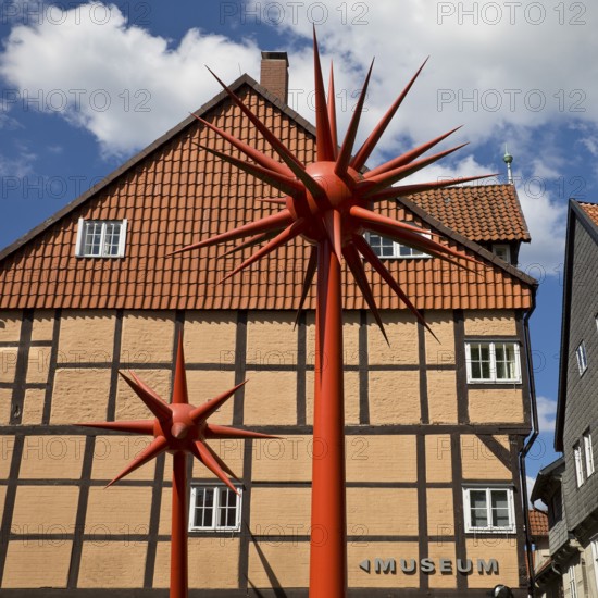 Artwork by Otto Piene entitled Fireworks for Celle in front of a half-timbered house in the historic city centre, Lower Saxony, Germany