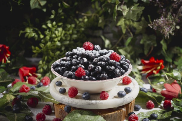 Blueberries and raspberries with icing sugar in a bowl, decoratively arranged, surrounded by leaves and flowers