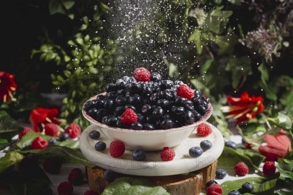 Raspberries and blueberries in a bowl are sprinkled with icing sugar, surrounded by leaves and flowers