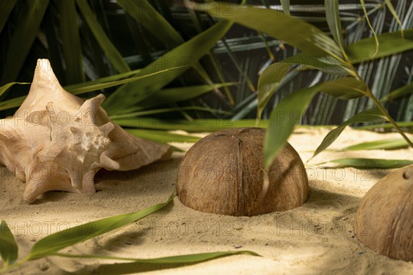 Shells, coconuts and leaves lie decoratively on sand