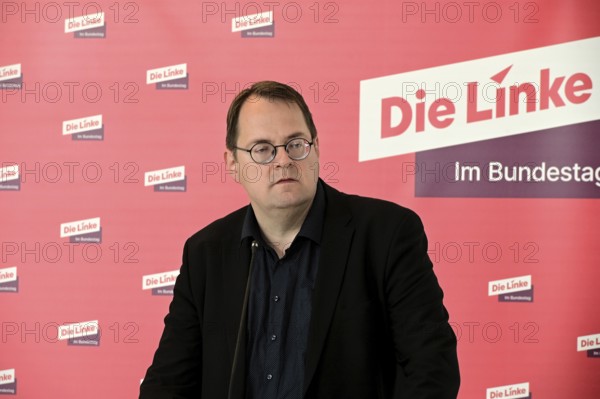 Sören Pellmann, Co-Chairman of the Left Party parliamentary group in the Bundestag, at the weekly press statement in front of the parliamentary group meeting room in the Reichstag building
